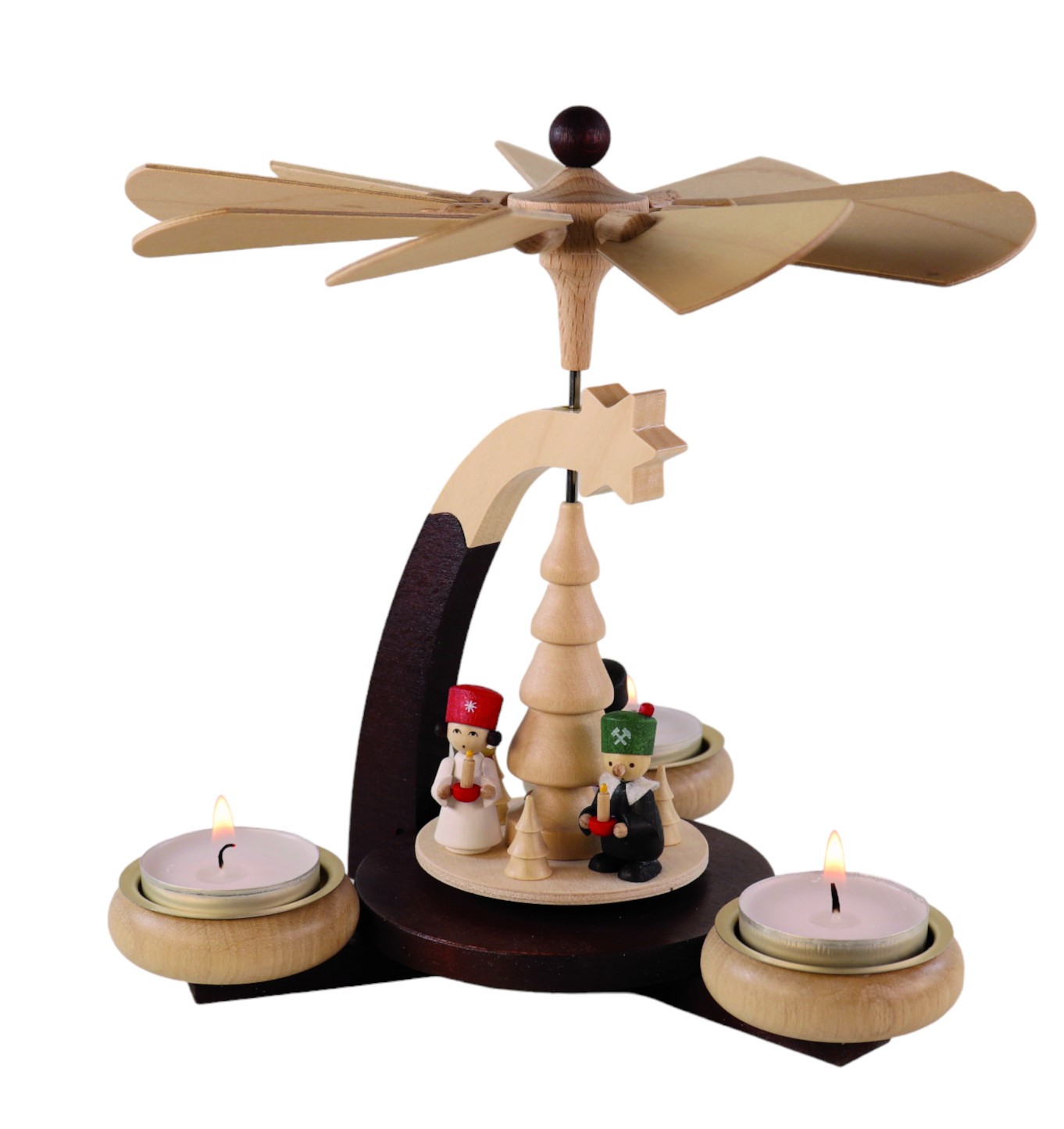 Design-Teelichtpyramide dunkelbraun/natur mit Engel, Bergmann, Nußknacker für 3 Teelichte, Höhe 19cm Design-Teelichtpyramide dunkelbraun/natur mit Engel, Bergmann, Nußknacker für 3 Teelichte, Höhe 19cm