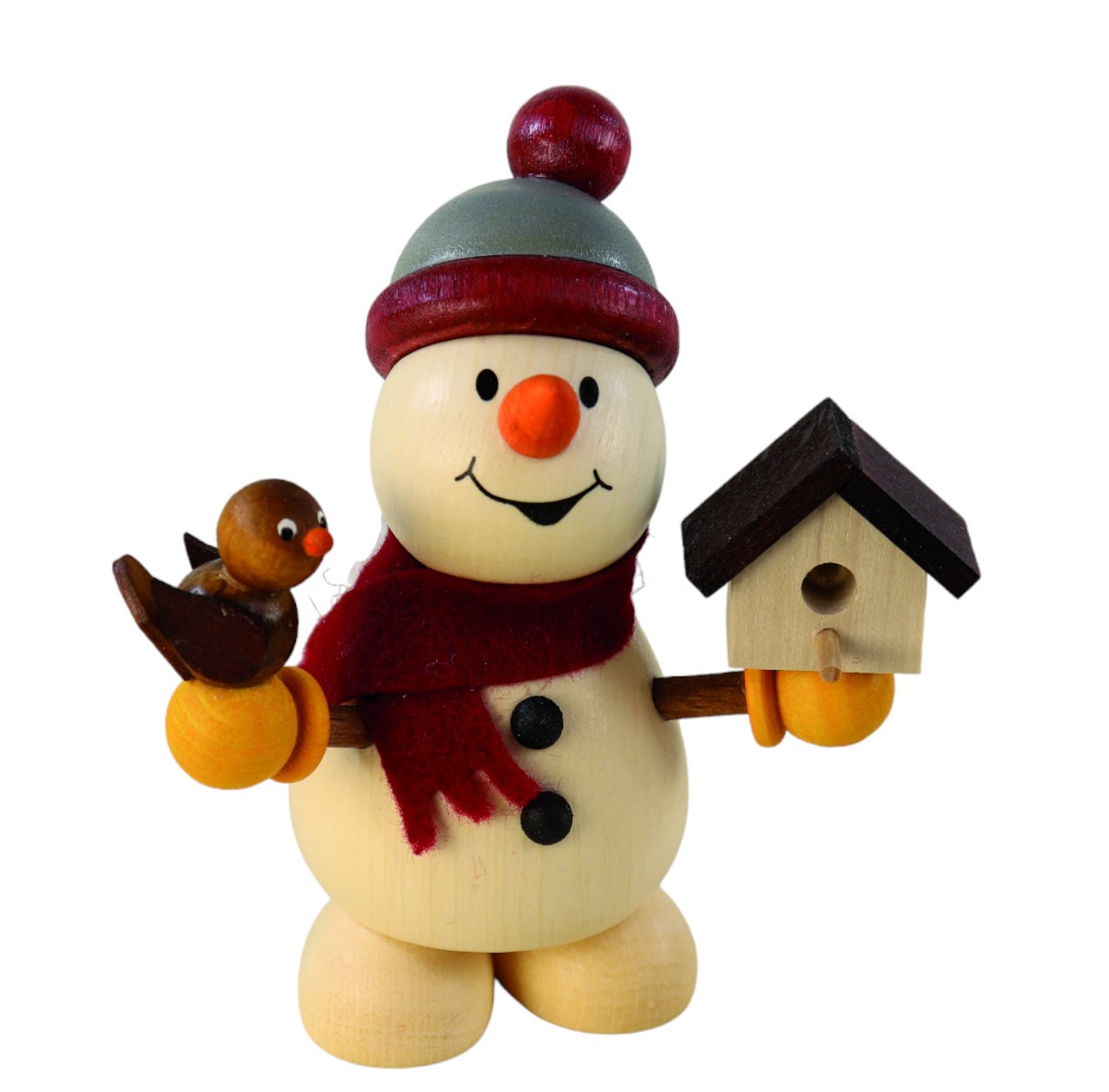 Holzfigur Schneemann mit Vogel und Vogelhaus in den Händen 9,3 cm groß als Tischdeko zum Hinstellen