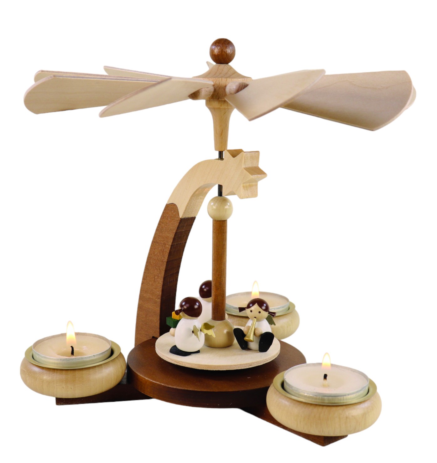 Design-Teelichtpyramide braun/natur & Tüllen natur mit Engel weiß für 3 Teelichte, Höhe 19cm Design-Teelichtpyramide braun/natur & Tüllen natur mit Engel weiß für 3 Teelichte, Höhe 19cm