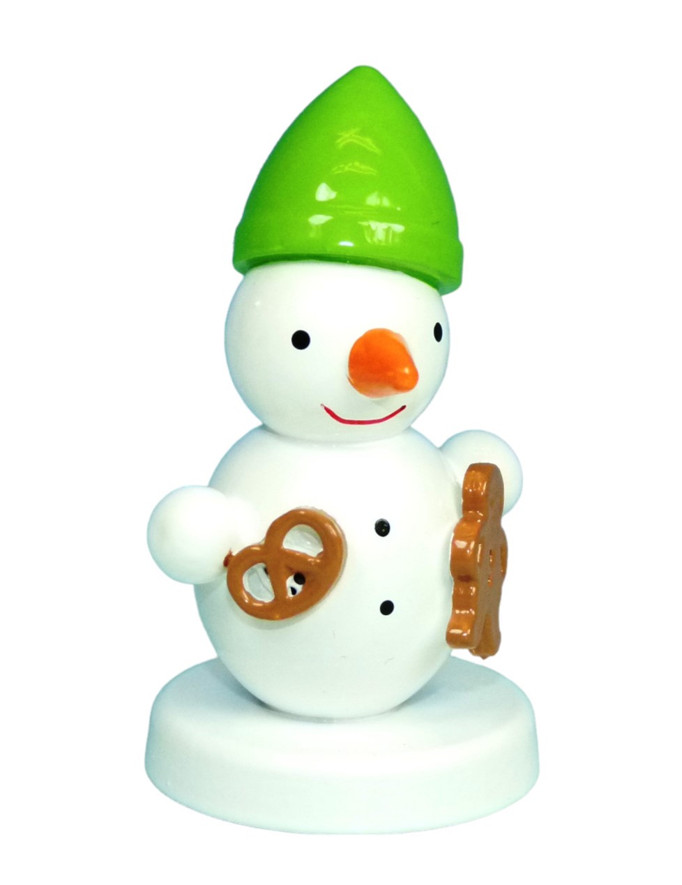 Schneemannfigur mit Pfefferkuchen in der Hand 4 cm groß, stehend