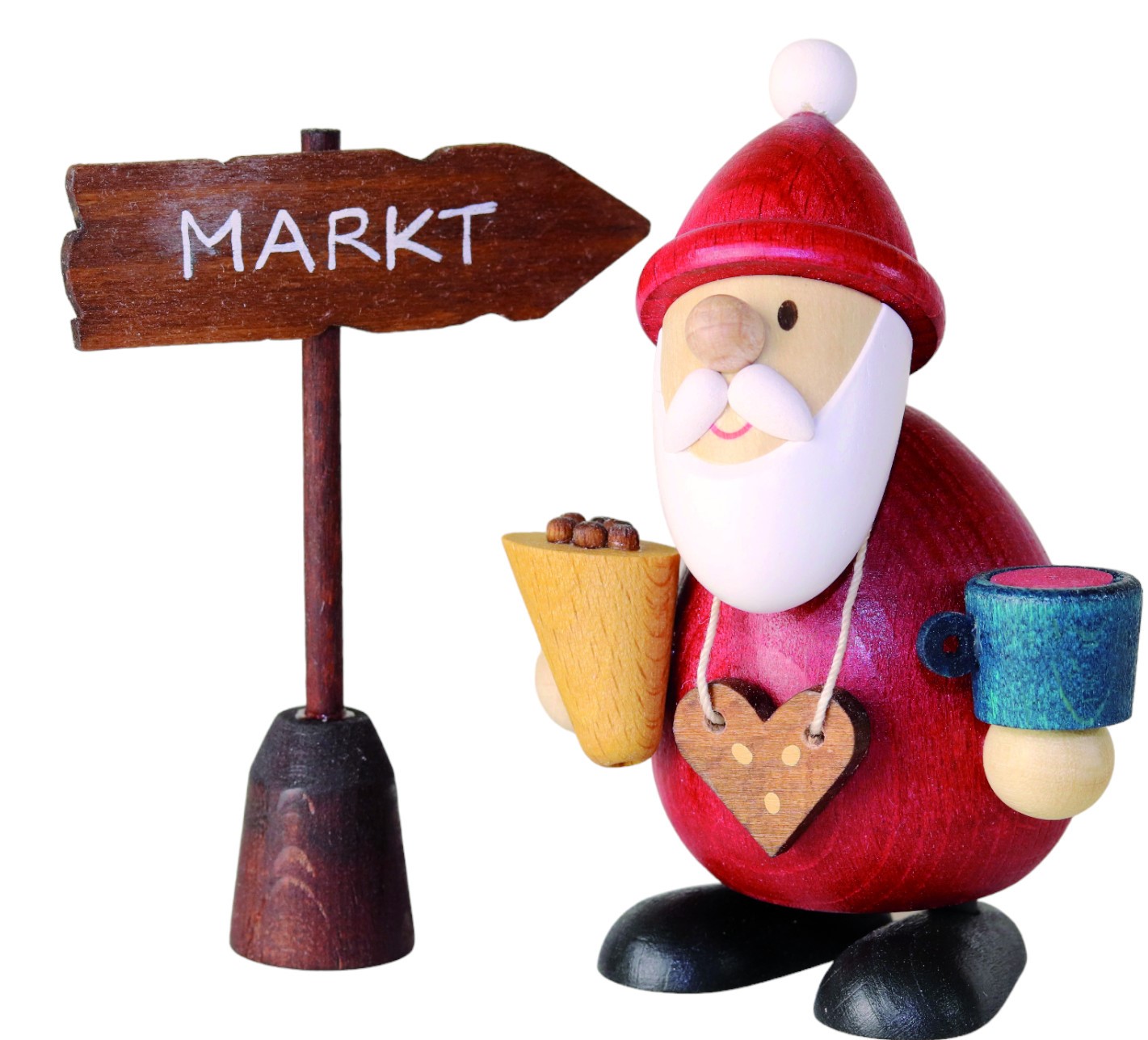 Holzfigur Weihnachtsmann mit Tasse und Süßigkeiten in der Hand in der Farbe rot; dazu Holzschild mit Aufschrift "Markt"