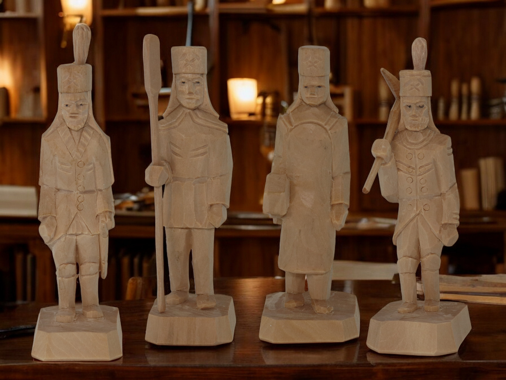Betrachten Sie unsere vier Bergmänner aus Holz in original erzgebirgischer Handwerkskunst! Vier Bergmänner aus Holz, geschnitzt und nach traditioneller Bauart hergestellt.