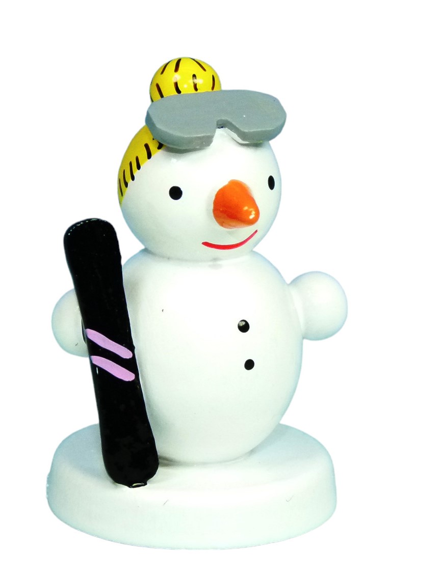 Schneemannfigur stehend mit Snowboard