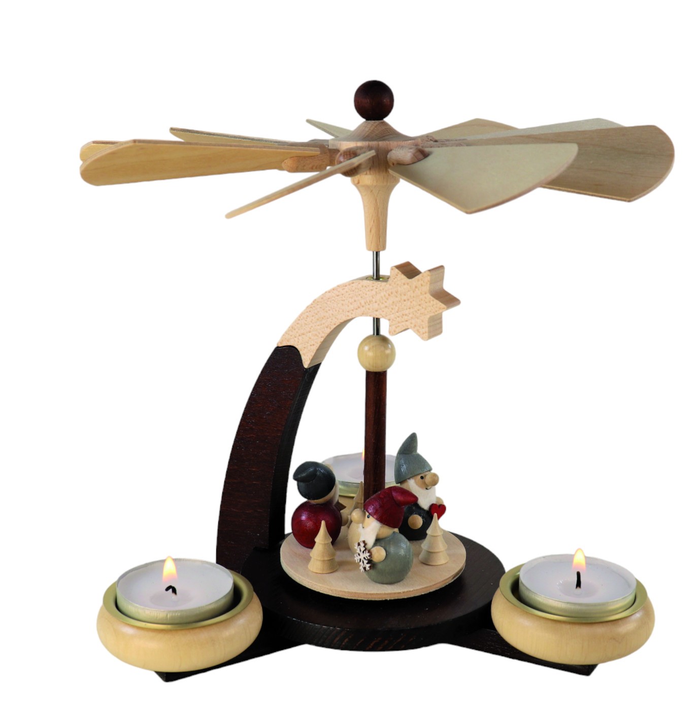 Design-Teelichtpyramide dunkelbraun/natur mit Wichtel modern für 3 Teelichte, Höhe 19cm Design-Teelichtpyramide dunkelbraun/natur mit Wichtel modern für 3 Teelichte, Höhe 19cm