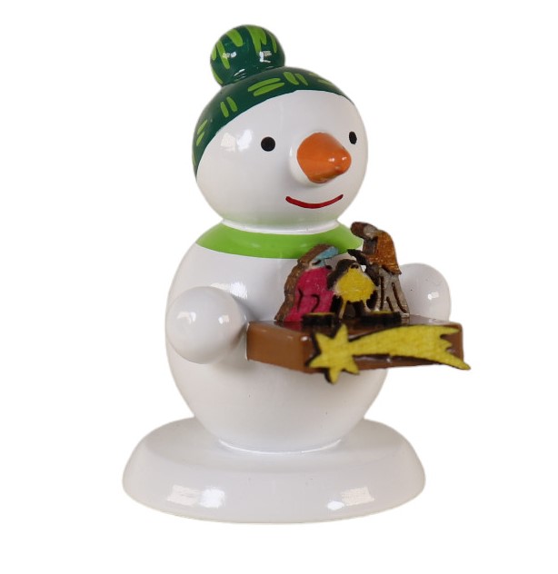 Schneemannfigur stehend Bauchladen mit Krippe, grüne Mütze