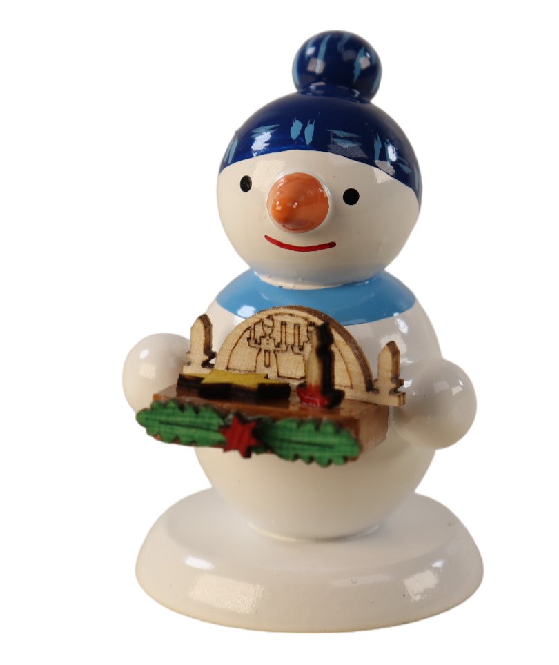 Schneemannfigur stehend mit Bauchladen in Form eines Schwibbogens 4 cm groß