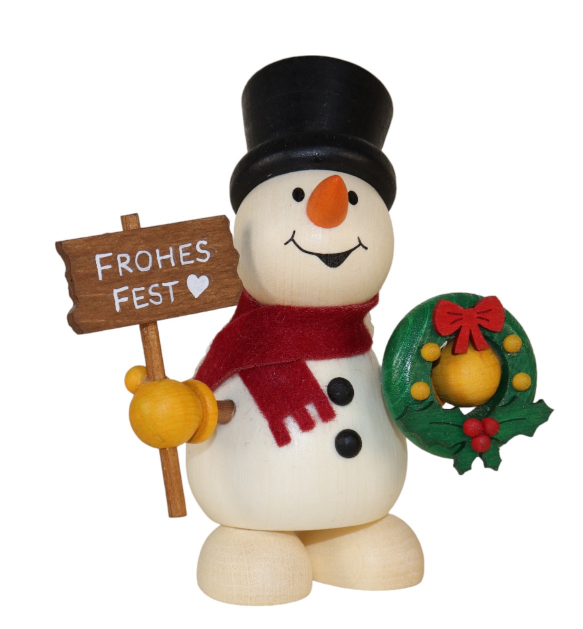 Schneemann mit Weihnachtskranz und Schild "Frohes Fest"  H 9,5 cm