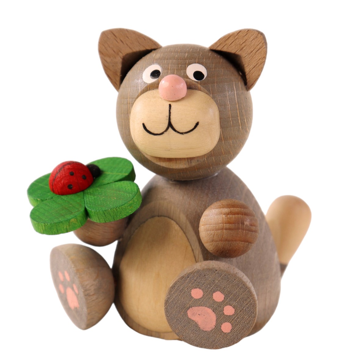 Entdecken Sie unsere Holzfigur "Katze Tapsi"! Tisch-Schmuck Katze mit Kleeblatt in der Hand.