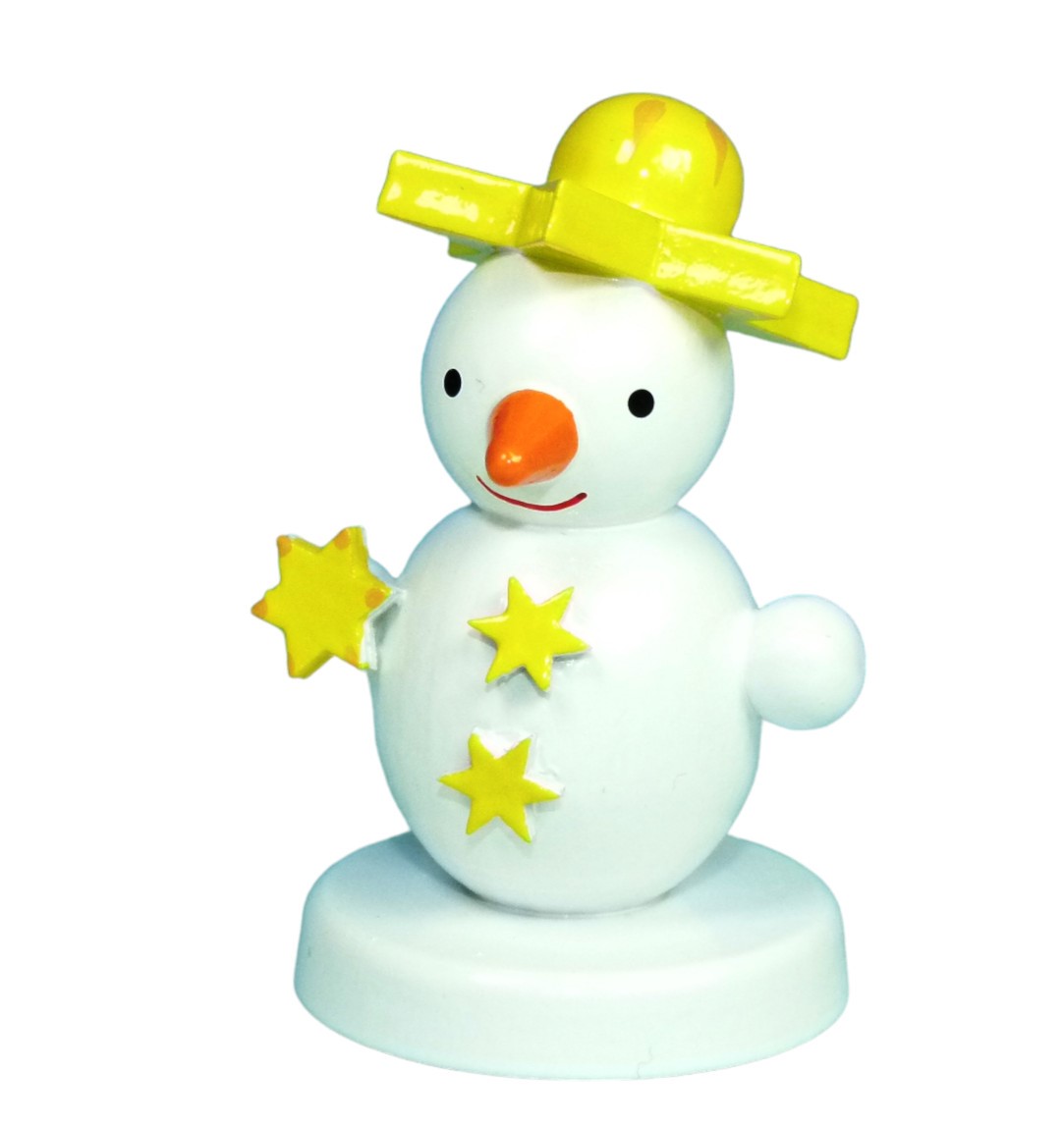 Schneemannfigur mit gelben Sternen als Verzierung und mit Hut 4 cm groß, stehend