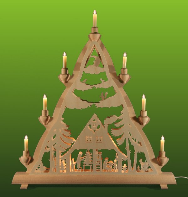 Doppel-Lichterspitze Waldhaus als weihnachtlicher Fensterschmuck mit indirekter Beleuchtung Lichterspitze / Fensterdreieck Motiv Waldhaus (spitzer Schwibbogen)