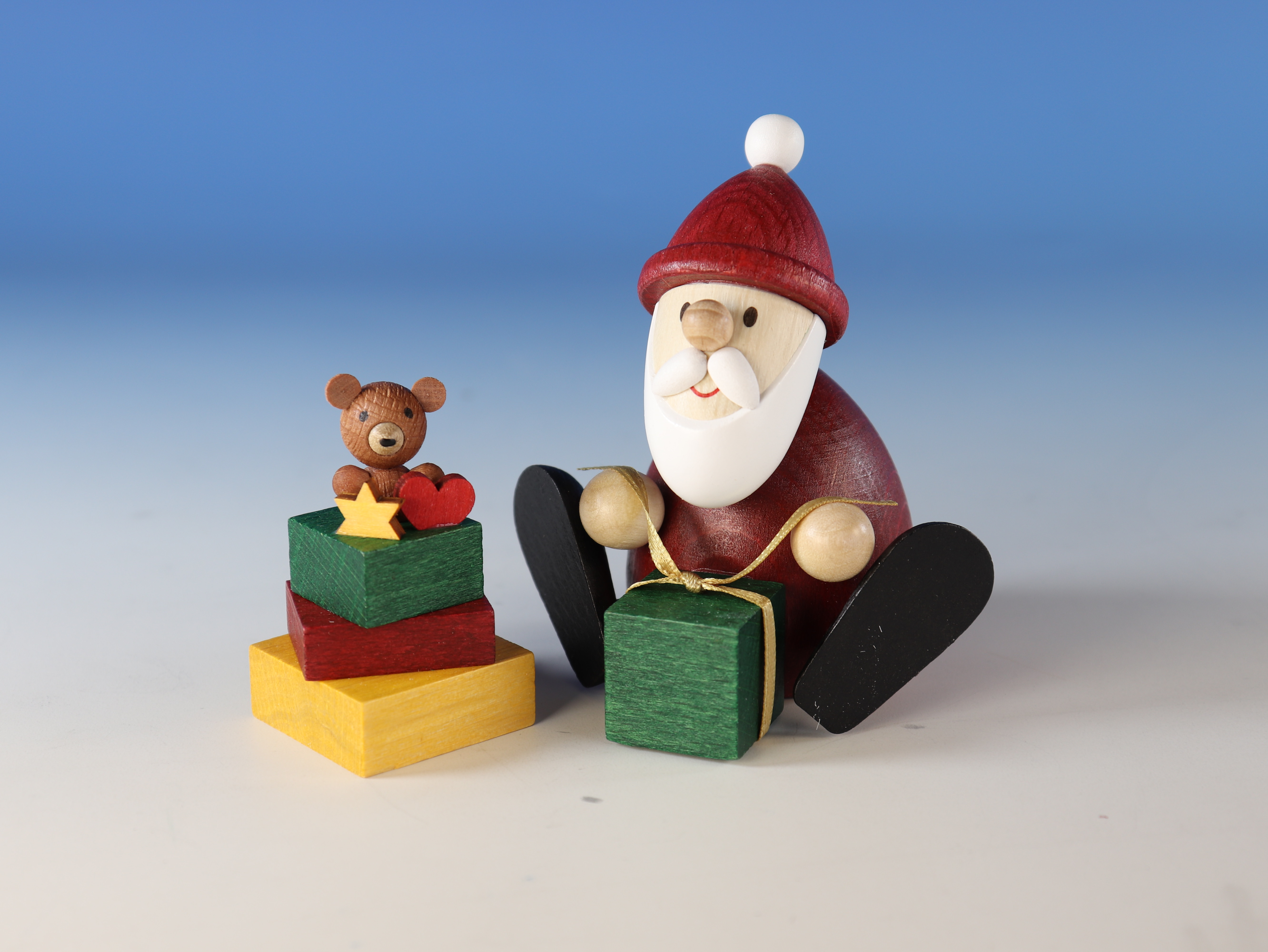Weihnachtsfigur Weihnachtsmann modern auf Bank mit Zeitung & Katze Höhe 9 cm NEU 