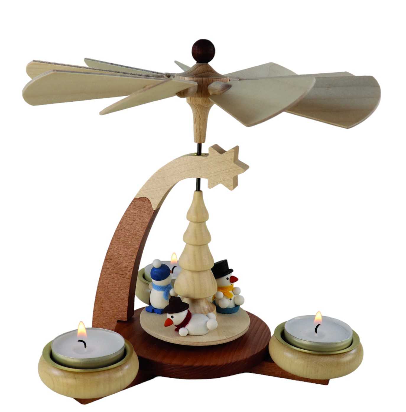 Design-Teelichtpyramide hellbraun/natur mit Schneemänner für 3 Teelichte, Höhe 19cm Design-Teelichtpyramide hellbraun/natur mit Schneemänner für 3 Teelichte, Höhe 19cm