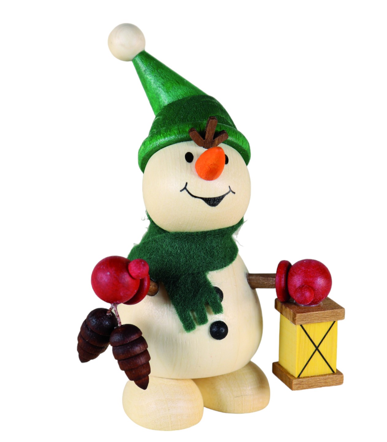Schneemann aus Holz mit Tannenzapfen und Laterne in der Hand zum Hinstellen 10 cm groß