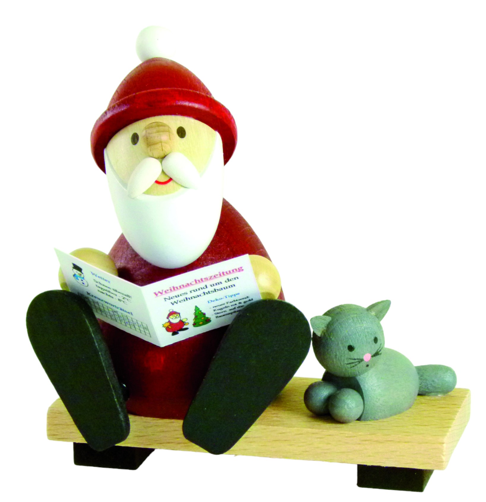 weihnachtsmann_modern_auf_bank_mit_zeitung_und_katze_ullrich_kunsthandwerk_paul_ullrich_volkskunstbestehen