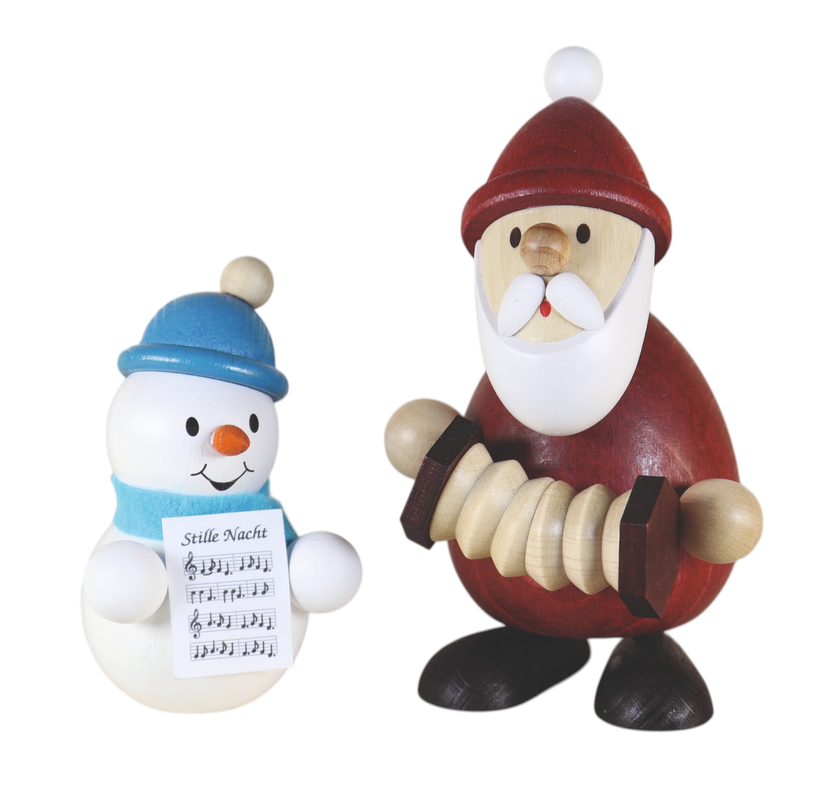 Weihnachtsmann mit Ziehharmonika H 9,5 cm und Schneemann mit Noten H 6,5 cm
